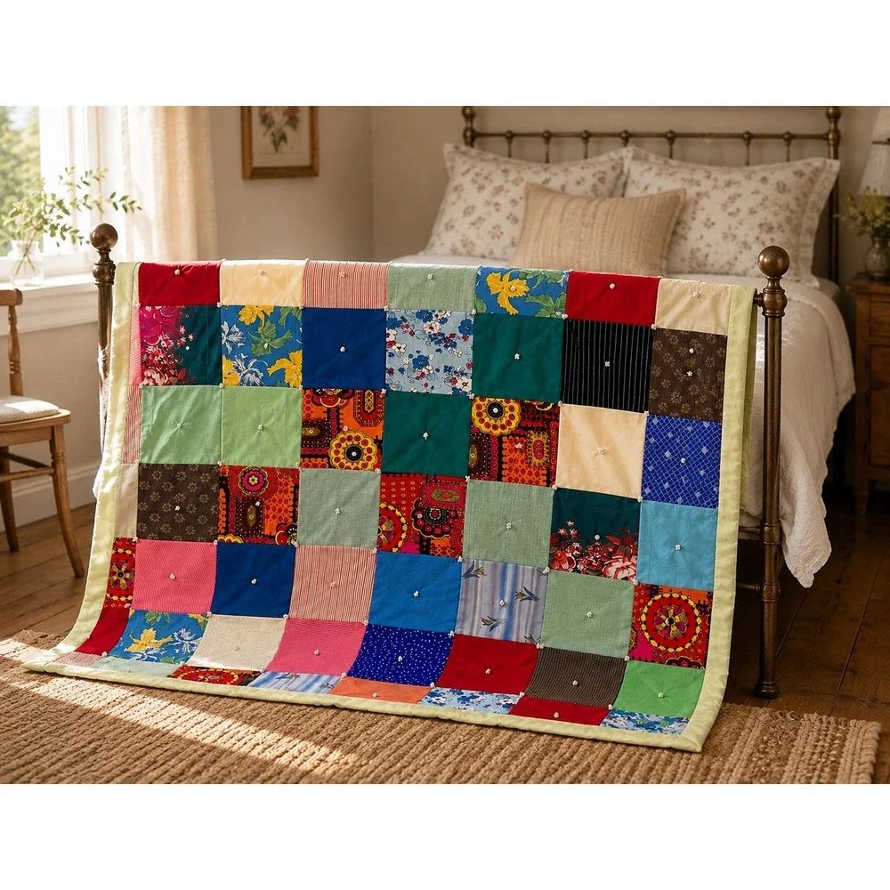 Vintage Twin Patchwork Quilt 84x64 Hand Tied Colorful Cottagecore Bedding